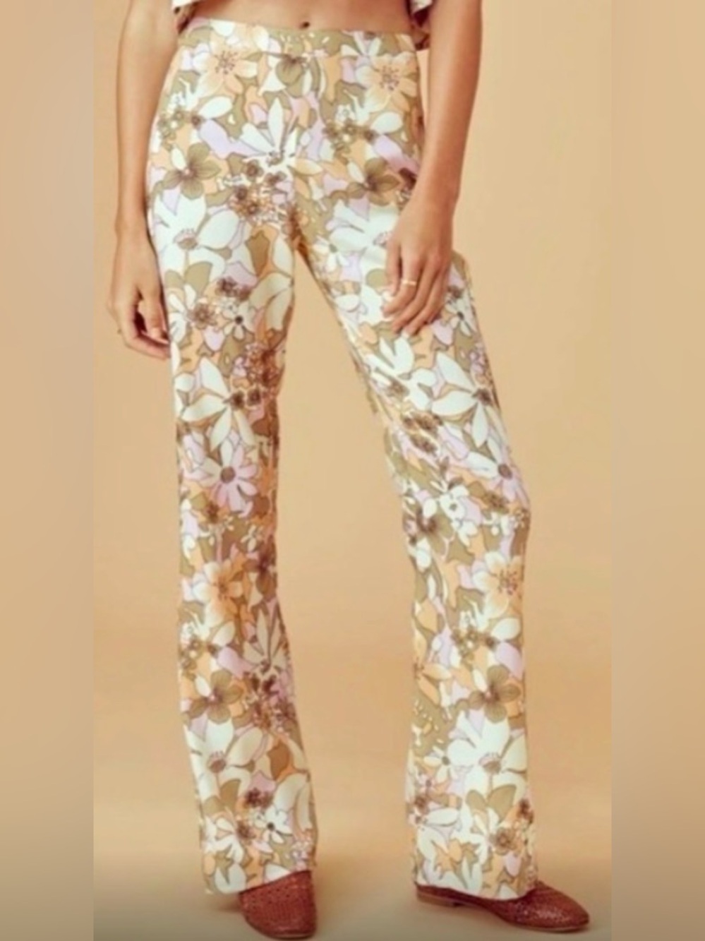 EUC For Love & Lemons Renata Pants High Waist Floral 100% Rayon Neutral Pastel